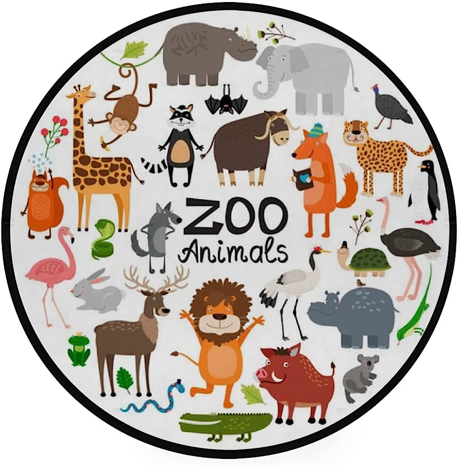 Colorful cartoon illustration of diverse zoo animals arranged in a circular layout with "ZOO Animals" text in center.