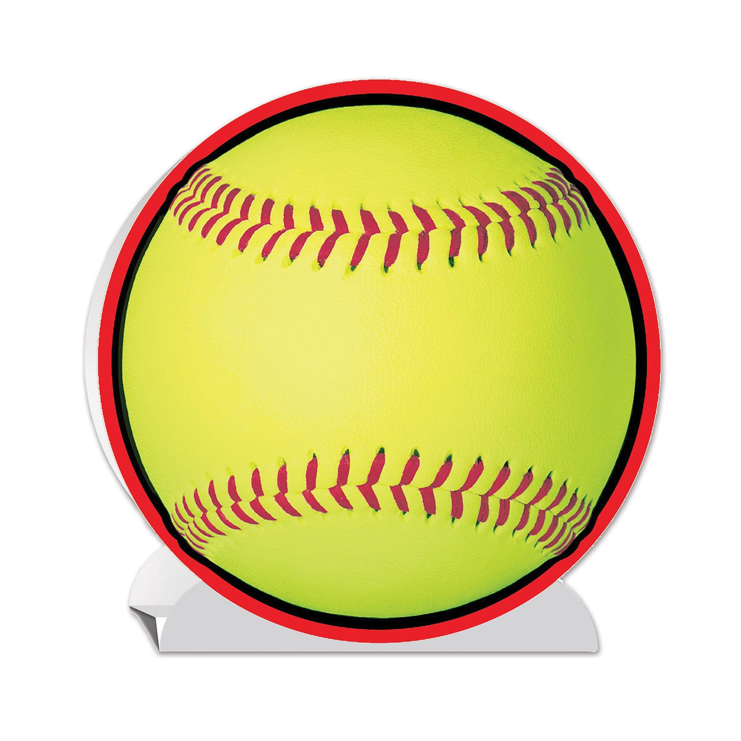 Bright yellow softball with red stitching, framed in red and black border on white stand.