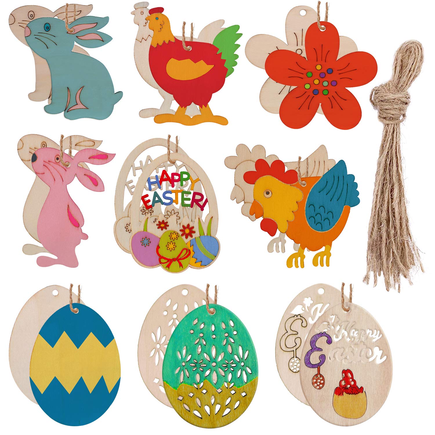 Wooden Easter ornaments including bunnies, chickens, eggs, flowers, and "Happy Easter" signs with twine hangers.