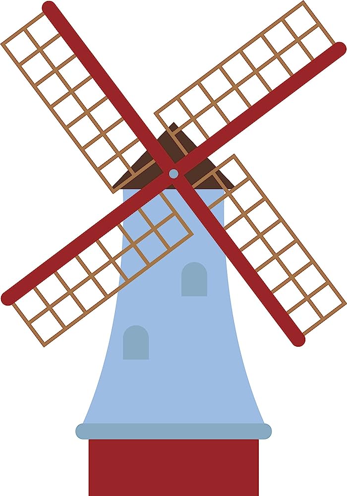 Stylized blue and red windmill with brown lattice sails and arched windows.