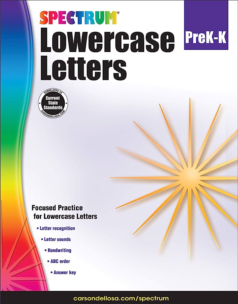Spectrum PreK-K Lowercase Letters workbook cover with rainbow gradient and starburst design.