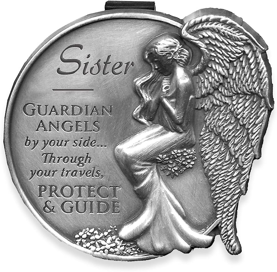 Silver medallion featuring a guardian angel with wings, inscribed "Sister - Guardian Angels by your side... Protect & Guide".