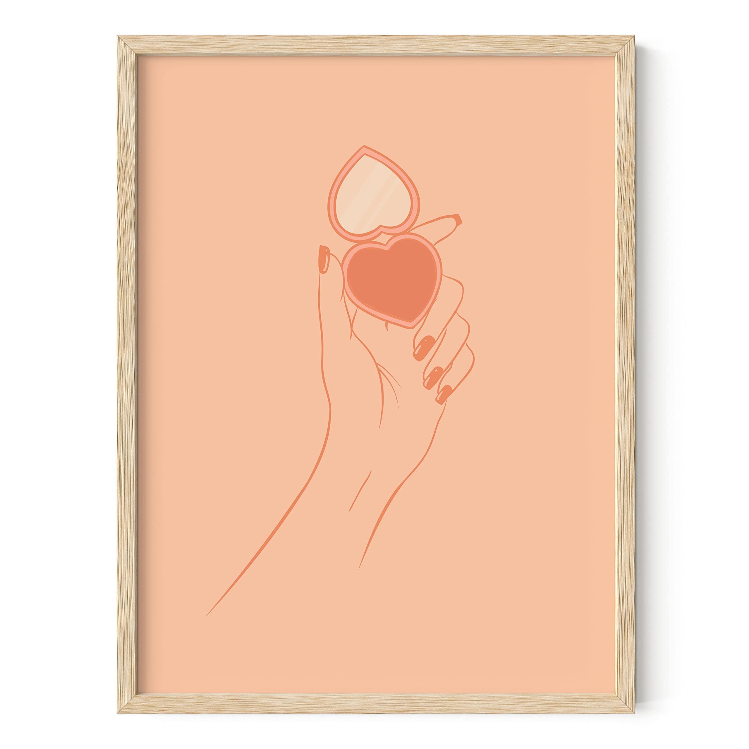 A minimalist illustration of a hand holding an open heart-shaped compact mirror, framed in light wood on peach background.