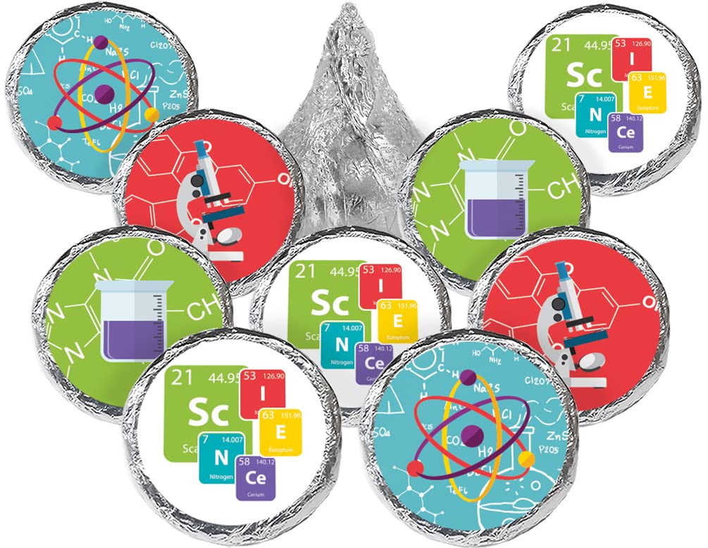 Science-themed Hershey’s Kisses with chemistry, atomic models, microscopes, and periodic table designs on foil wrappers.