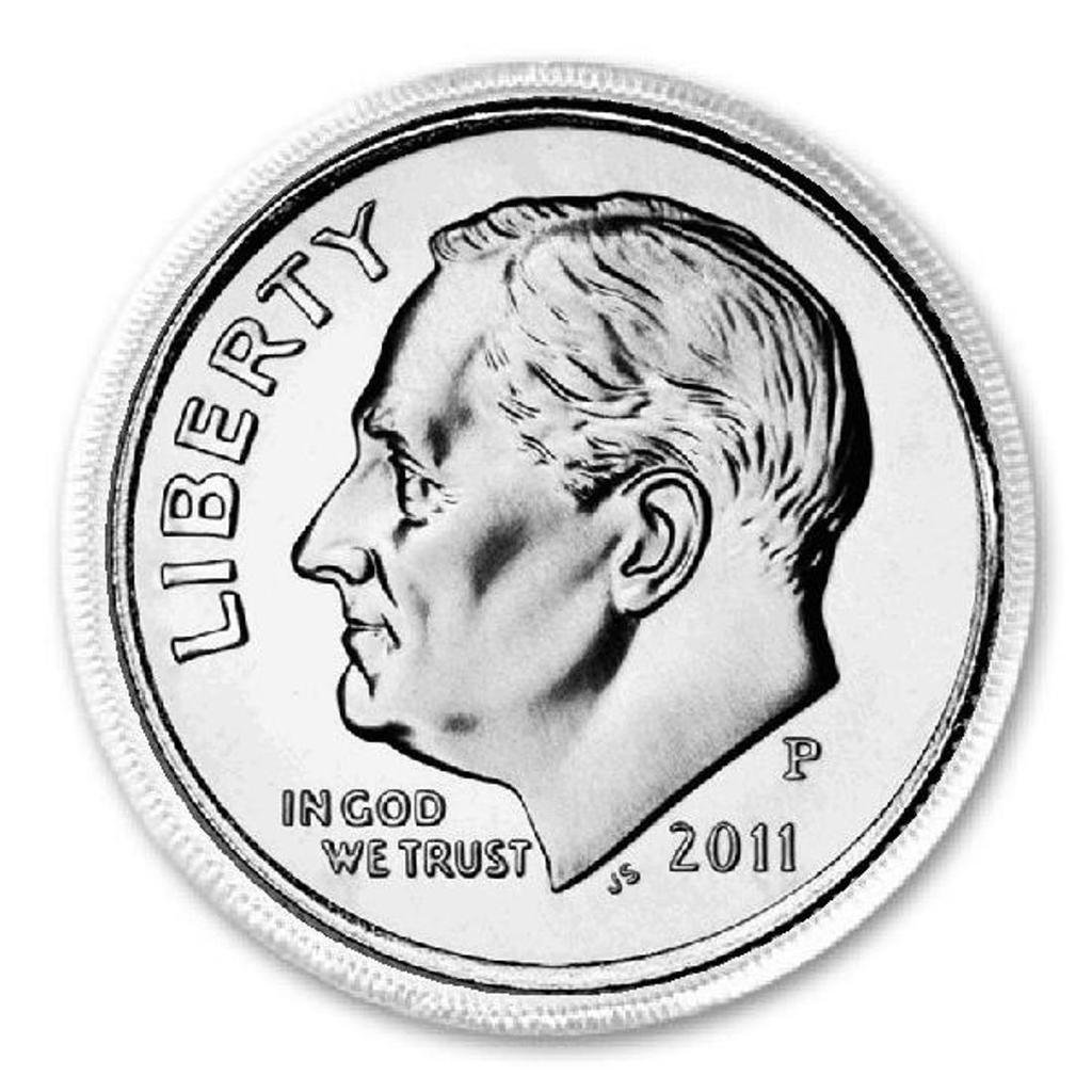 2011 U.S. dime featuring Franklin D. Roosevelt’s profile, “Liberty,” “In God We Trust,” and P mint mark.