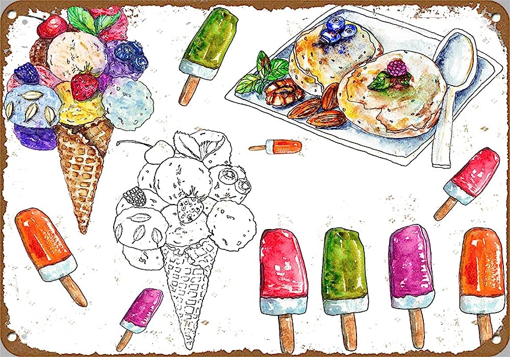 Watercolor illustration of colorful ice cream cones, popsicles, and desserts on a rustic metal sign background.