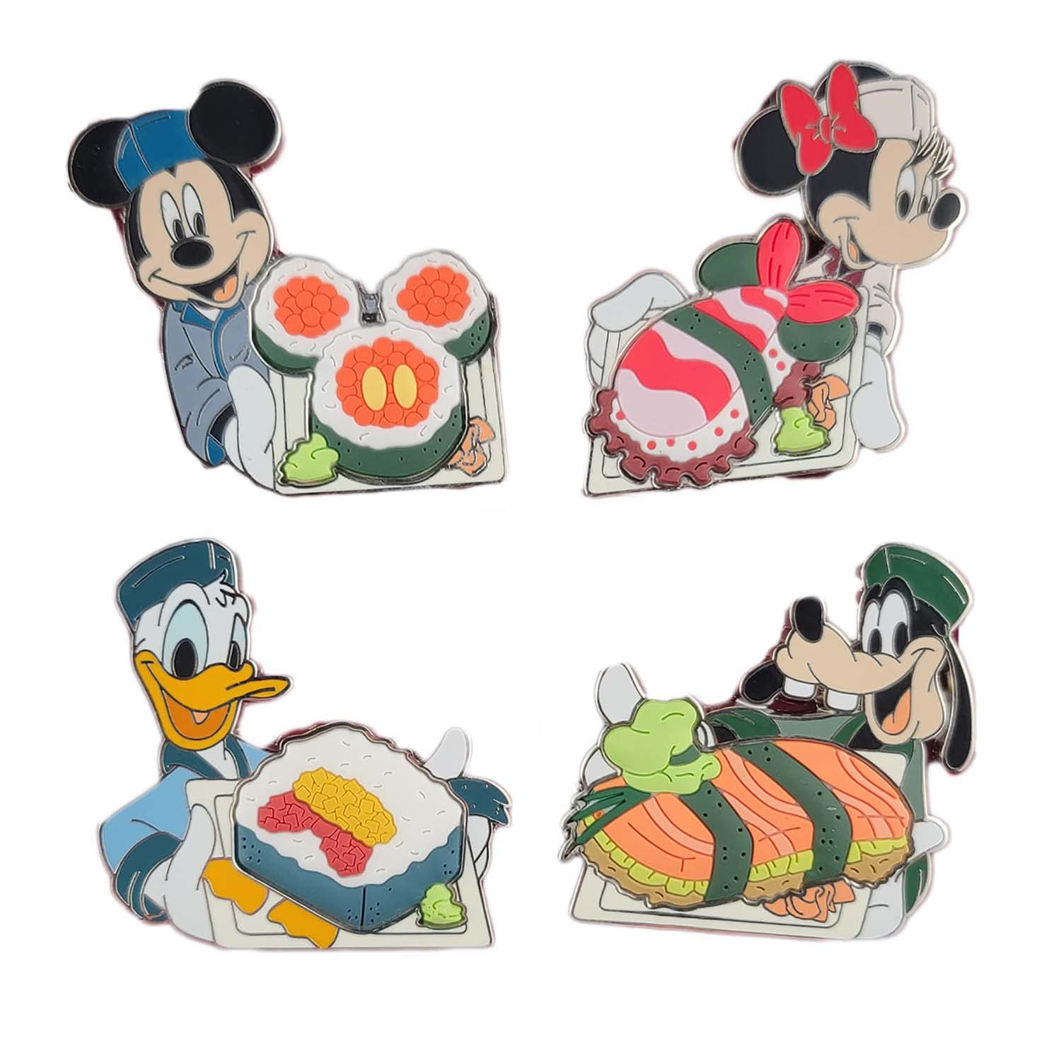 Four Disney character enamel pins featuring Mickey, Minnie, Donald, and Goofy each holding creatively shaped sushi dishes.