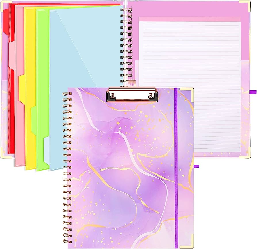 Purple marble-patterned spiral notebook with gold accents, clipboard attachment, and colorful tabbed dividers.