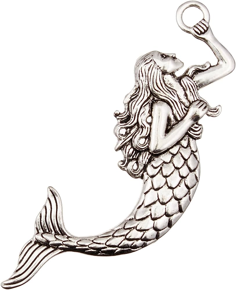 Silver mermaid charm with flowing hair, scaled tail, and raised arm holding a loop for jewelry or decoration.