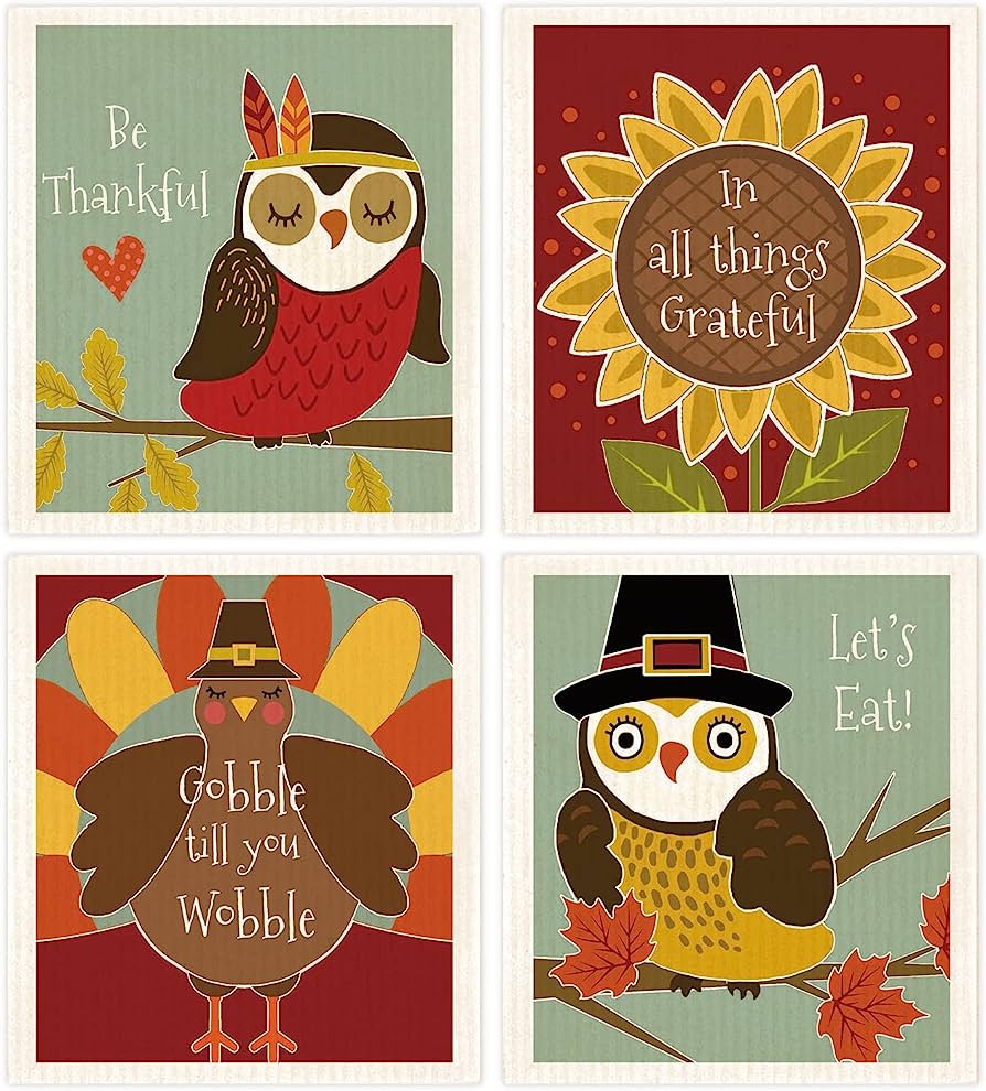 Four festive Thanksgiving-themed illustrations: owls with pilgrim hats, a turkey, and a sunflower with gratitude messages.
