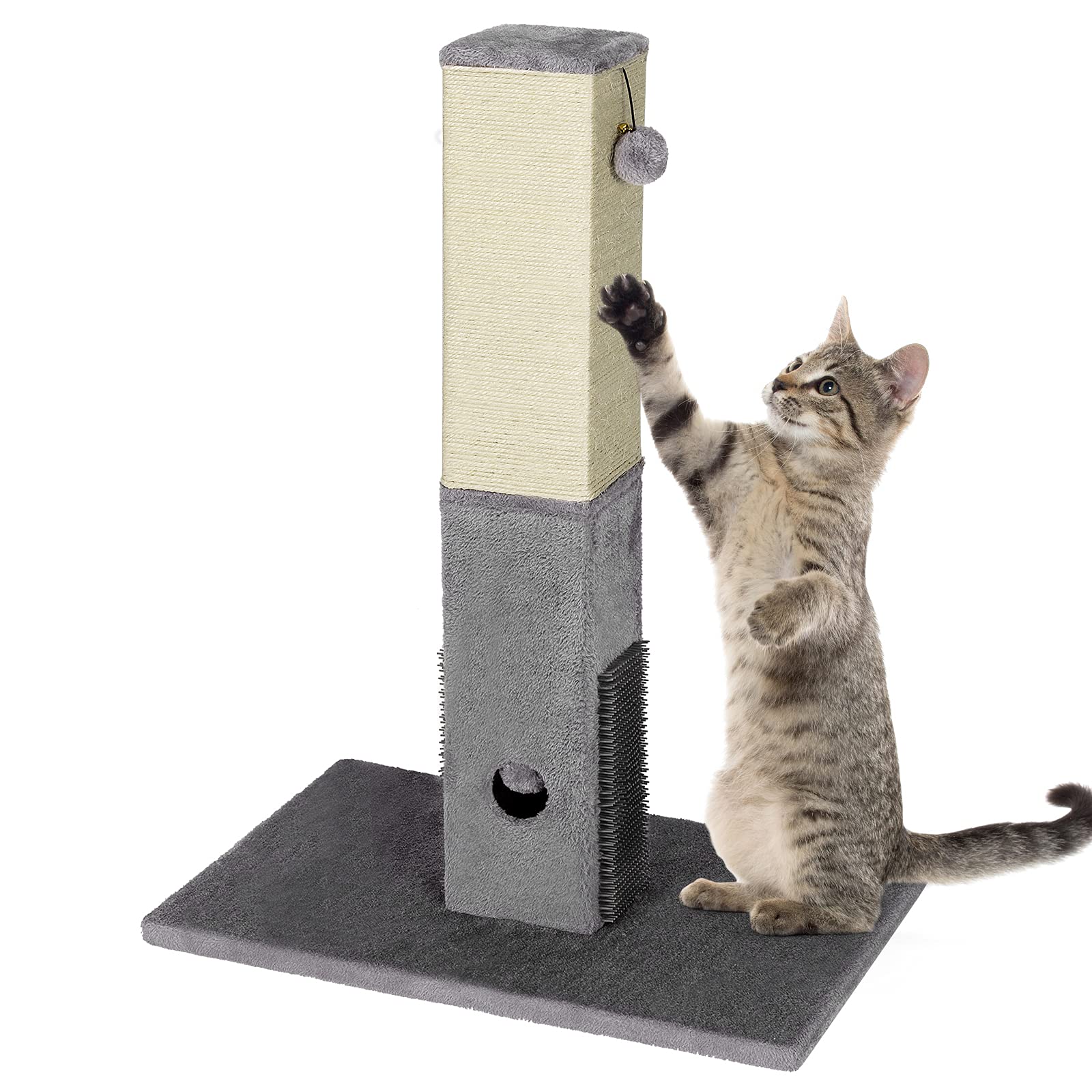 A tabby kitten playfully swats at a hanging pom-pom on a two-tone cat scratching post with sisal and plush surfaces.