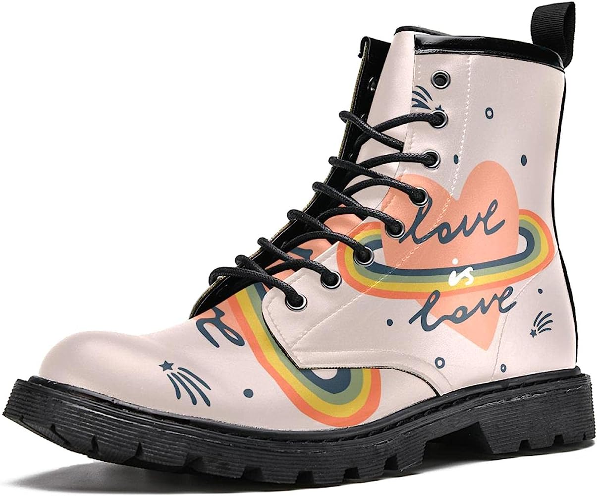 Cream-colored combat boot with rainbow heart, "love is love" text, black laces, and chunky sole.