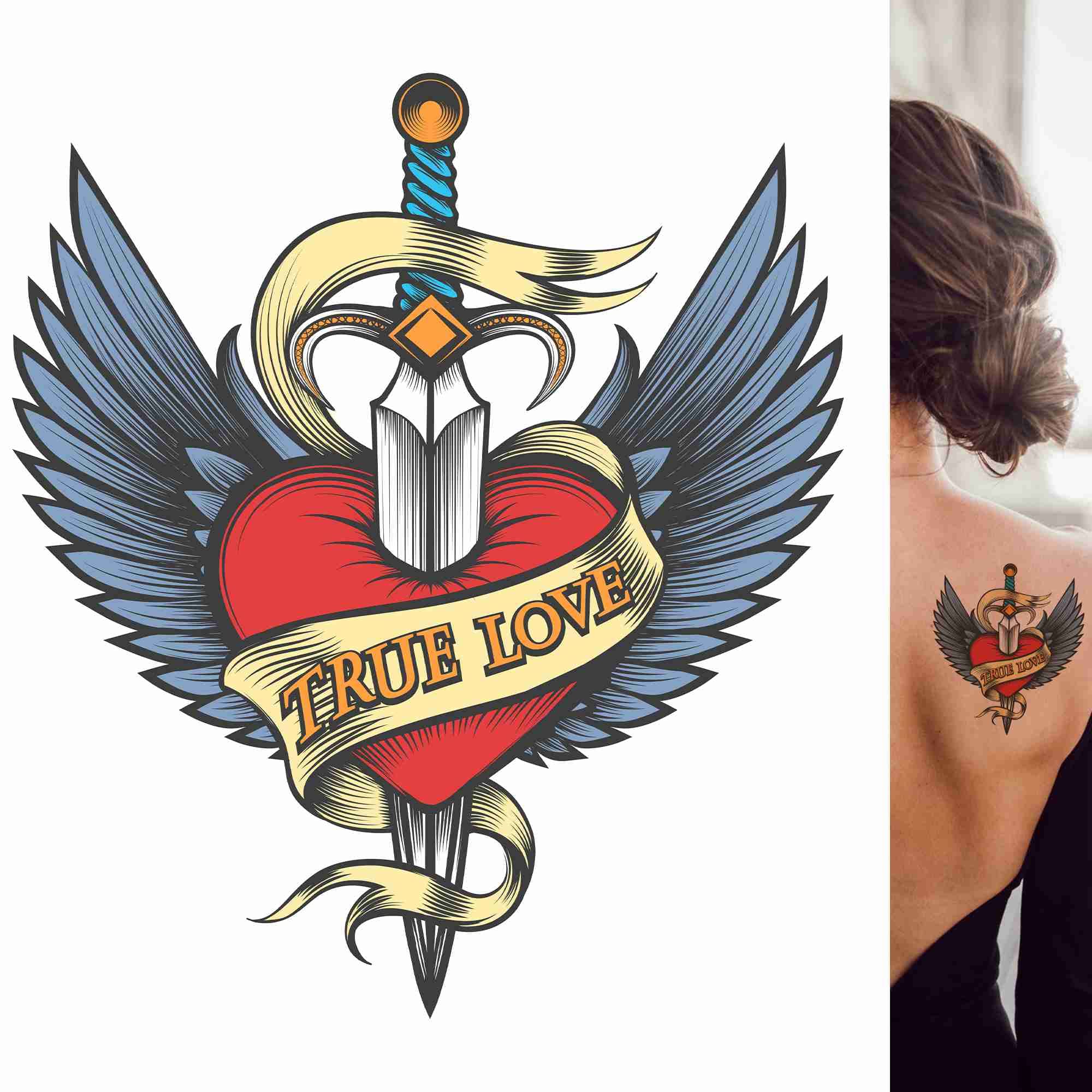 Traditional tattoo design of a winged heart pierced by a sword with "TRUE LOVE" banner, shown as artwork and on a woman's back.