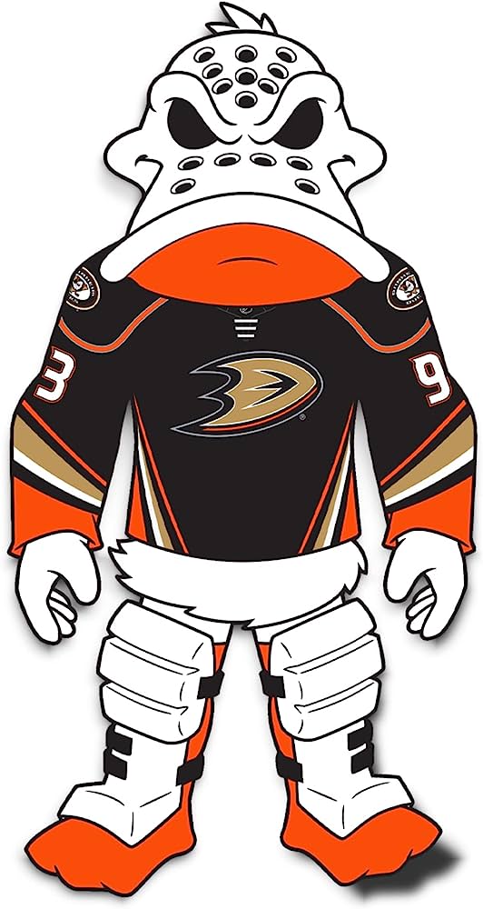 Mighty Ducks mascot wearing black jersey with orange and gold accents, number 39, goalie mask and pads.