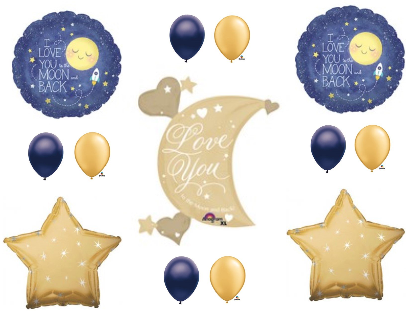 Navy and gold "I Love You to the Moon and Back" balloon bouquet with crescent moon, stars, hearts, and rockets.