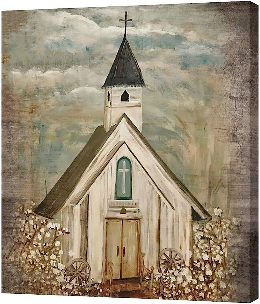 Vintage Country Church Painting - Rustic Farmhouse Wall Art