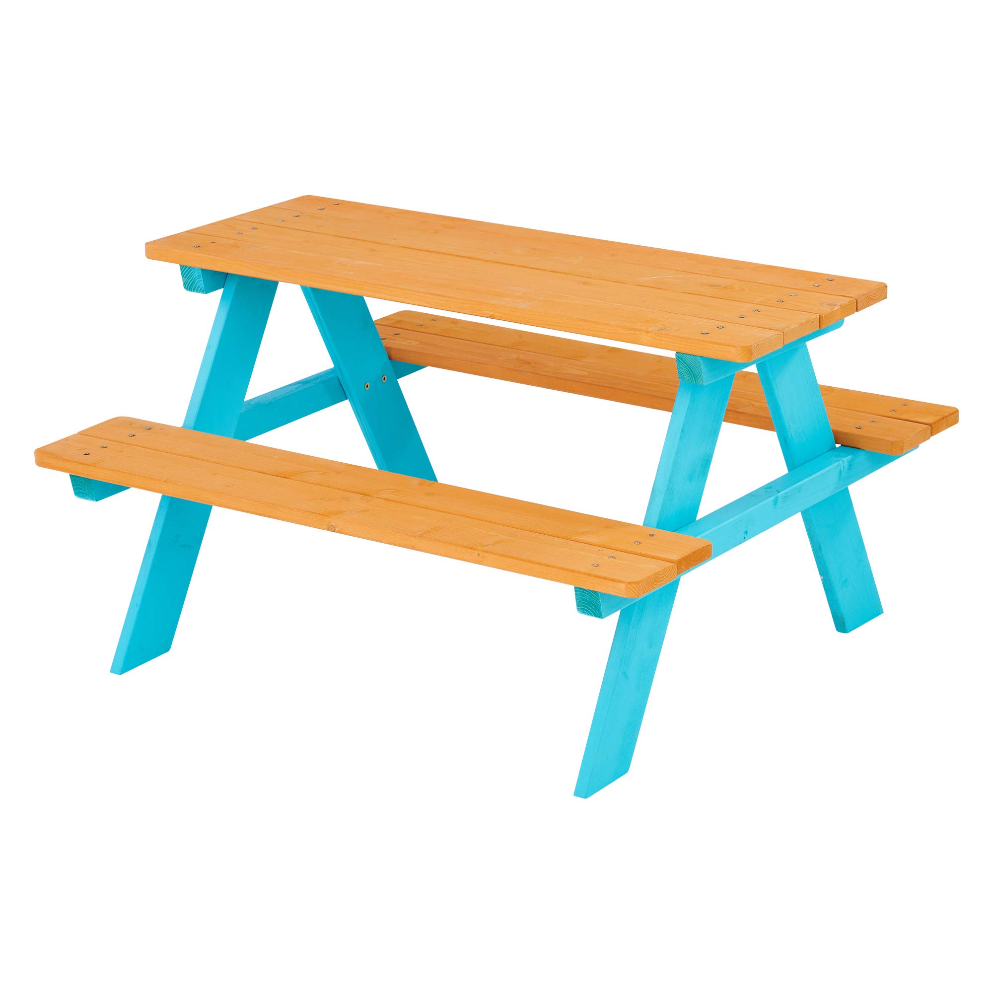 Bright turquoise-painted wooden picnic table with natural wood top and benches, ideal for children’s outdoor play.