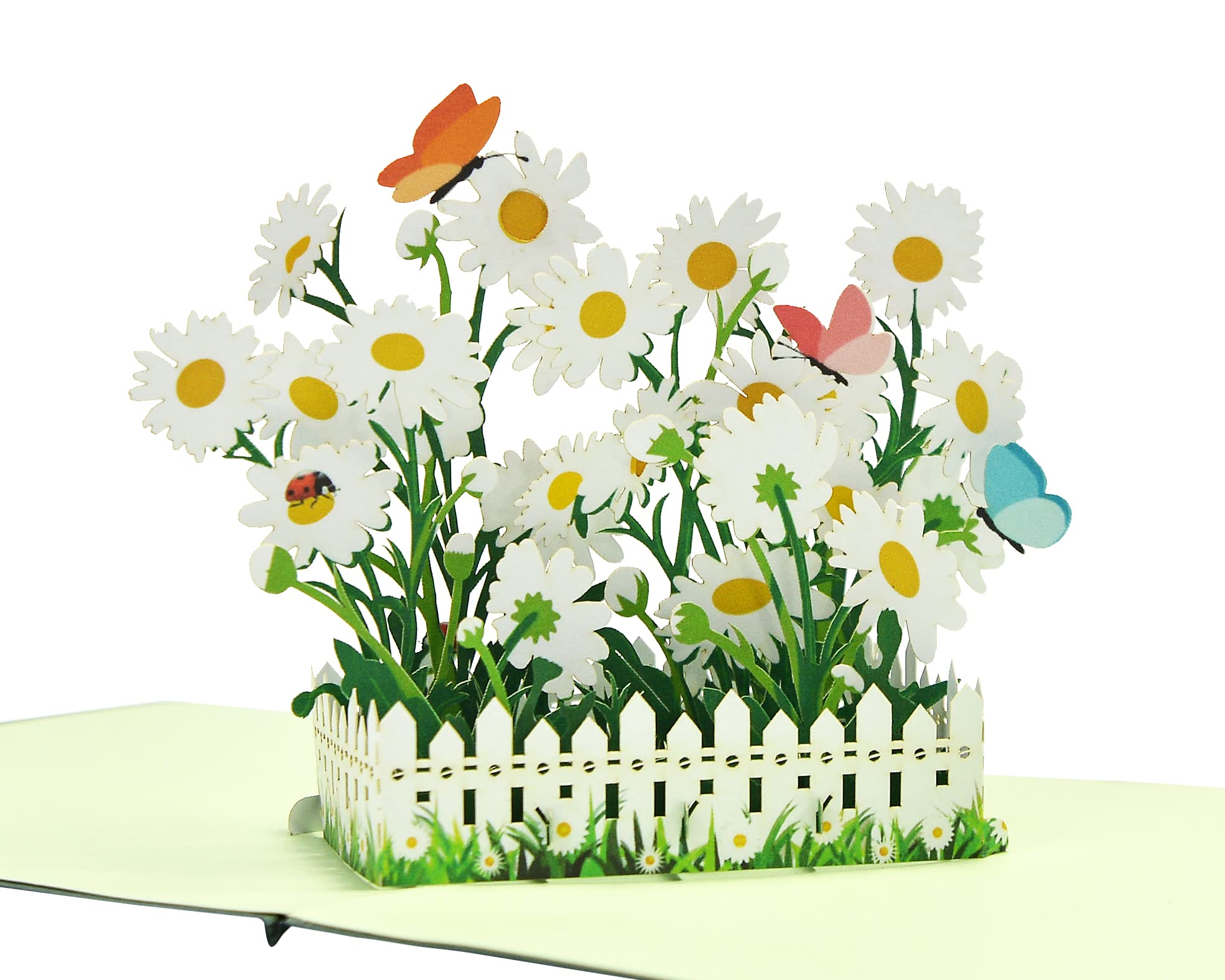 3D pop-up greeting card featuring white daisies, colorful butterflies, a ladybug, and a picket fence in a spring garden scene.