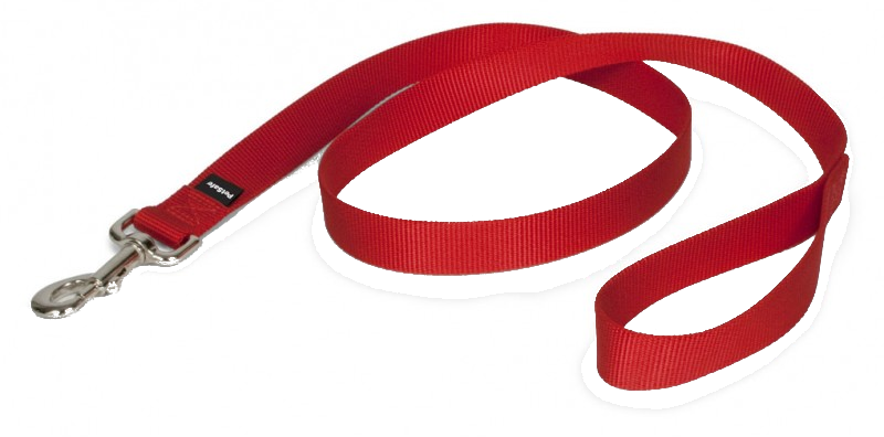Bright red nylon dog leash with sturdy metal clasp and brand tag, coiled on black background.