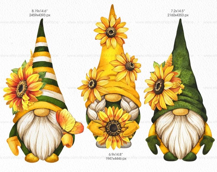 Three watercolor autumn gnomes with sunflowers, striped hats, and beards in festive fall colors.