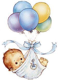 Baby wrapped in a blue blanket with balloons floating above, smiling joyfully.