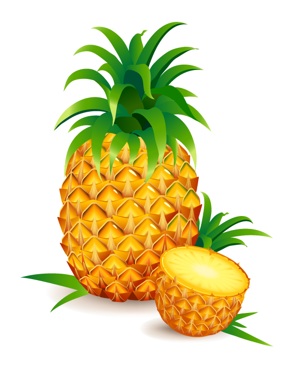 Fresh whole pineapple with green crown and a juicy sliced half beside it on white background.