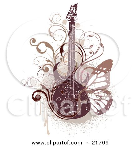 Elegant Guitar Artwork with Floral Swirls and Butterflies | Clipart