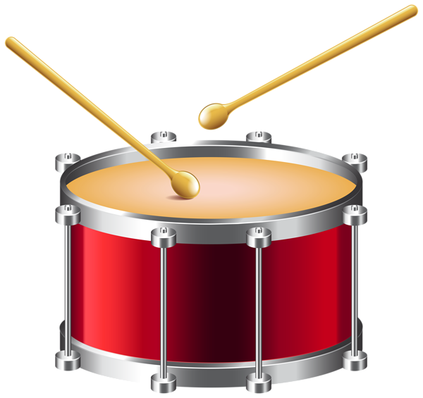 Red snare drum with silver hardware and two wooden drumsticks poised above the drumhead.