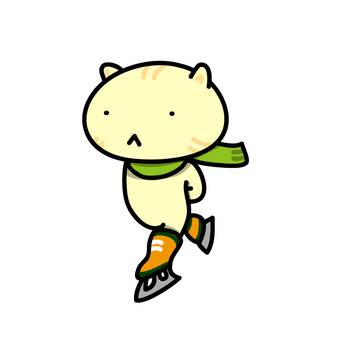 A cute cartoon cat wearing a green scarf and orange ice skates, gliding on one foot.