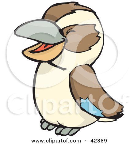 Cartoon kookaburra with open beak, brown and cream plumage, blue wing patch, and cheerful expression.