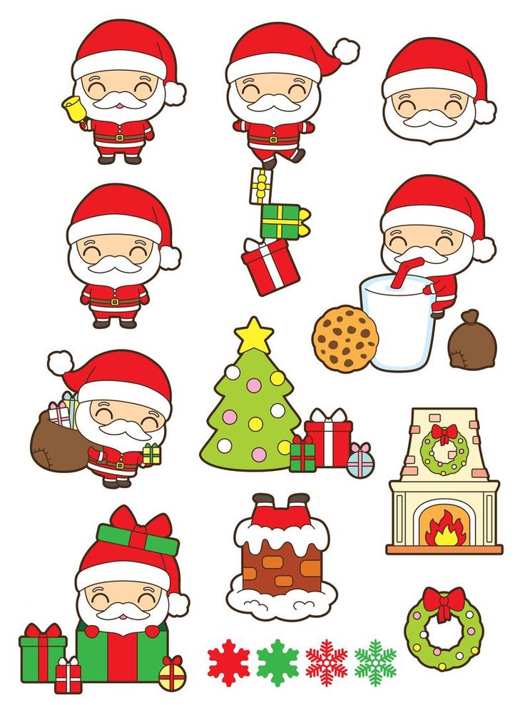 Cute chibi-style Santa Claus illustrations with gifts, tree, cookies, fireplace, and snowflakes in festive holiday set.