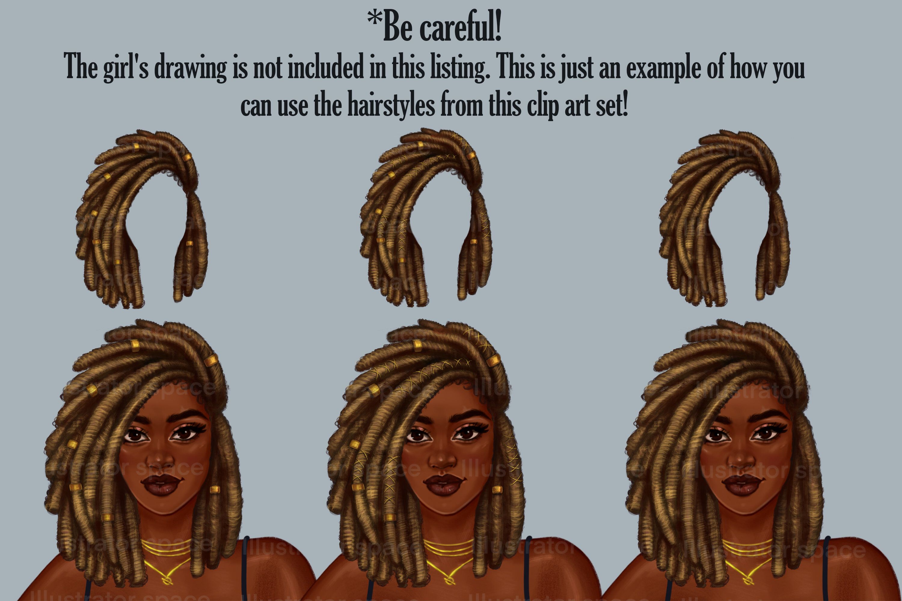 Six illustrated dreadlock hairstyles with gold beads, shown separately and on a Black woman’s head-clip art example only.