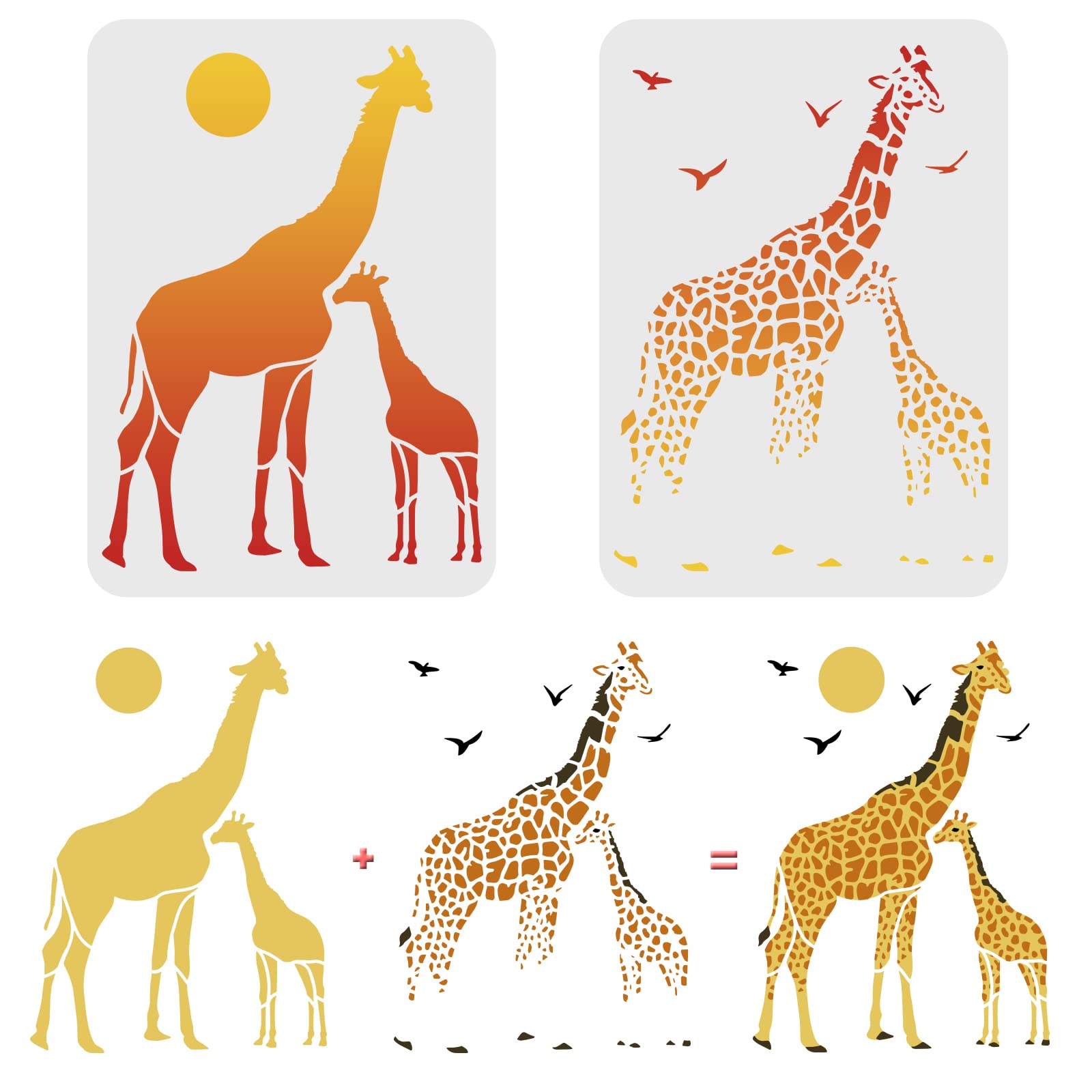 Two giraffe illustrations-silhouette gradient and patterned-combined to form a detailed giraffe image with sun and birds.
