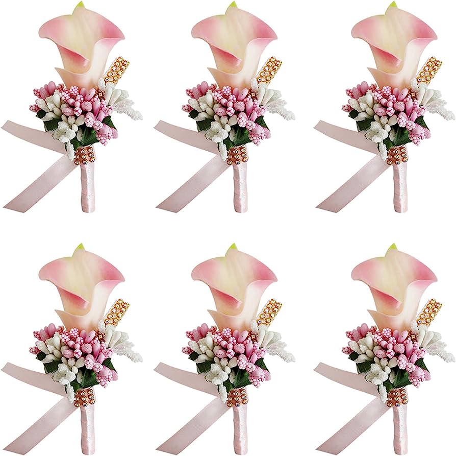 Six elegant pink calla lily boutonnieres with pearl accents and satin ribbons, arranged in a grid.