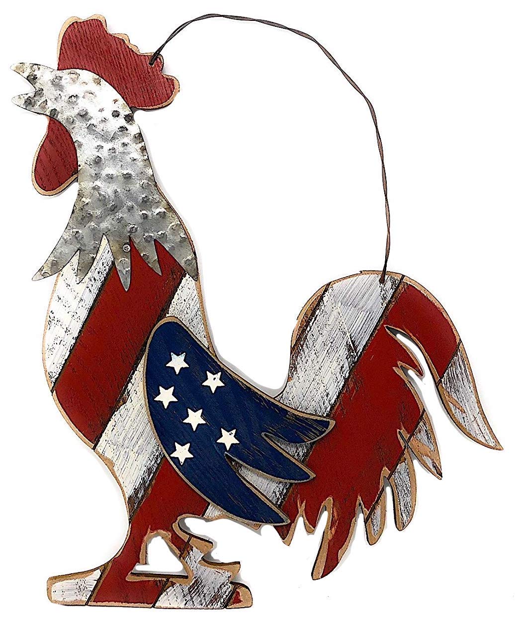 Patriotic Wooden Rooster Ornament - Rustic Americana Wall Decor