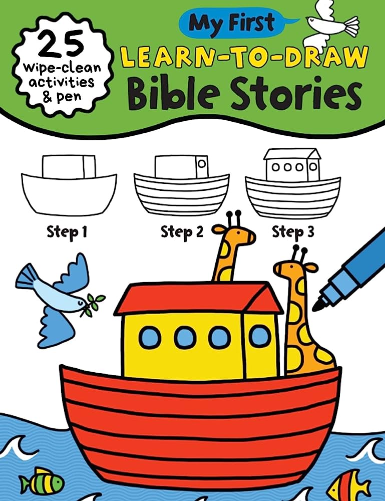 Children's "My First Learn-to-Draw Bible Stories" book cover showing step-by-step Noah’s Ark drawing with giraffes, dove, and fish.