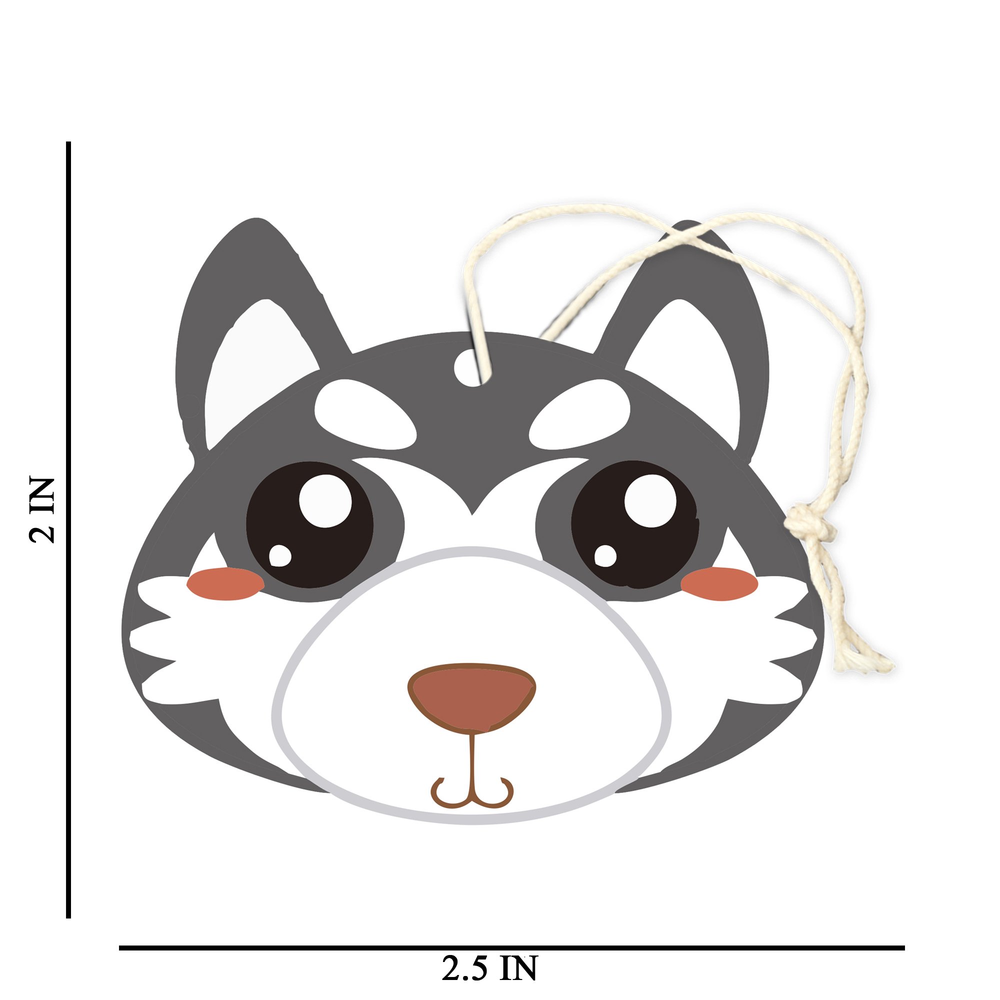 Cute cartoon husky dog face ornament, 2.5 inches wide by 2 inches tall, with string for hanging.