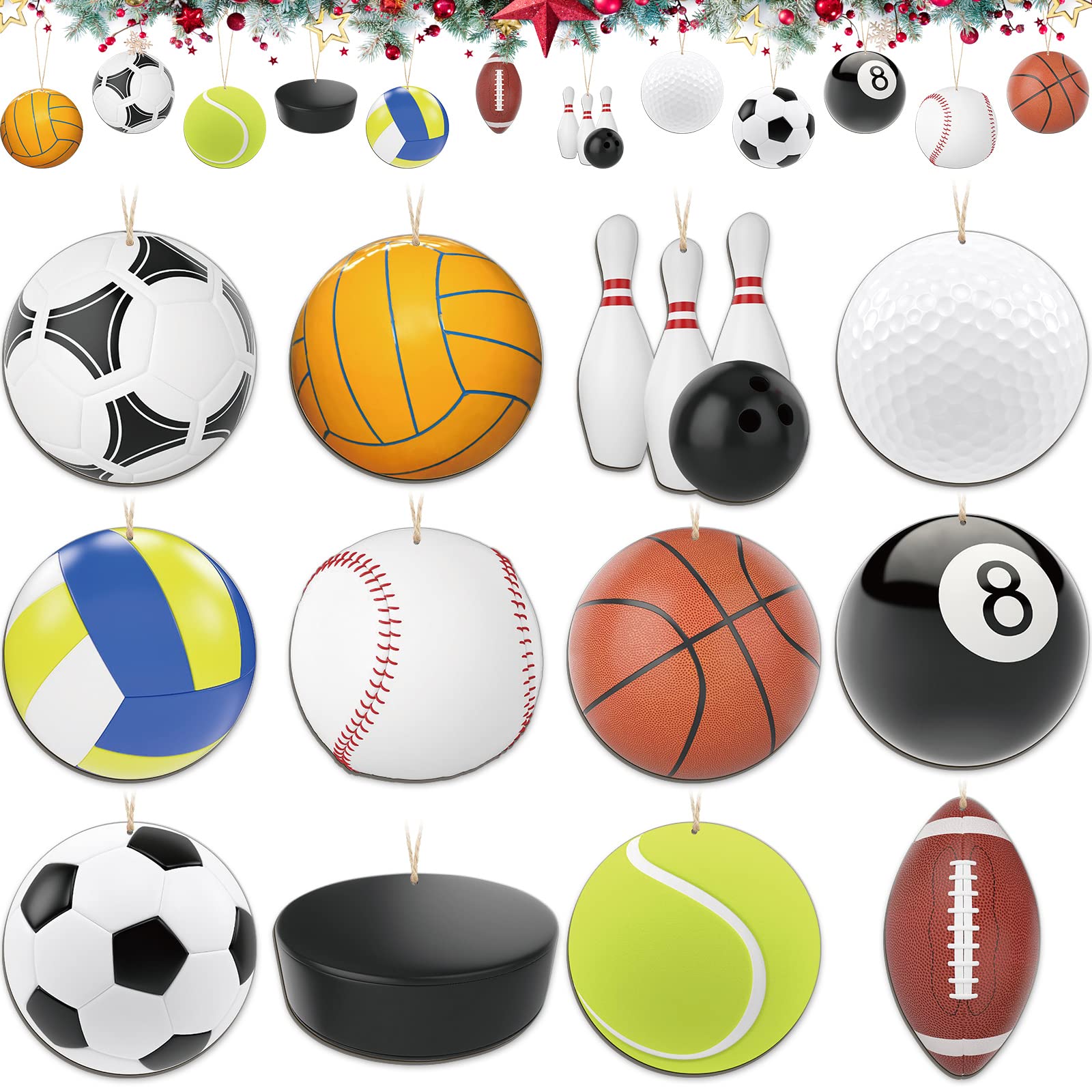 Assorted sports-themed Christmas ornaments including soccer, basketball, baseball, football, tennis, volleyball, bowling, and golf balls.