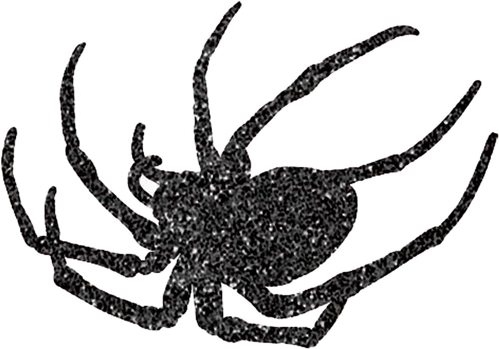 Black glitter-textured spider illustration with eight legs and segmented body on white background.
