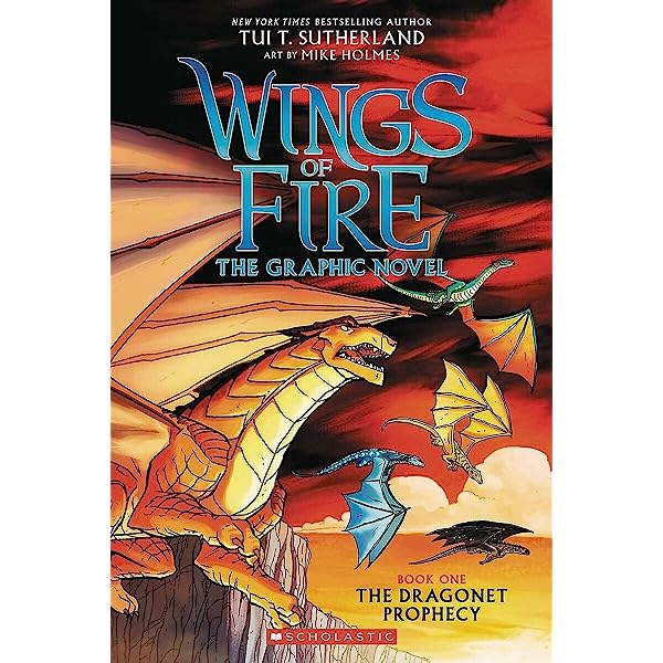 Cover of "Wings of Fire: The Graphic Novel - Book One: The Dragonet Prophecy" featuring dragons in flight against a fiery sky.