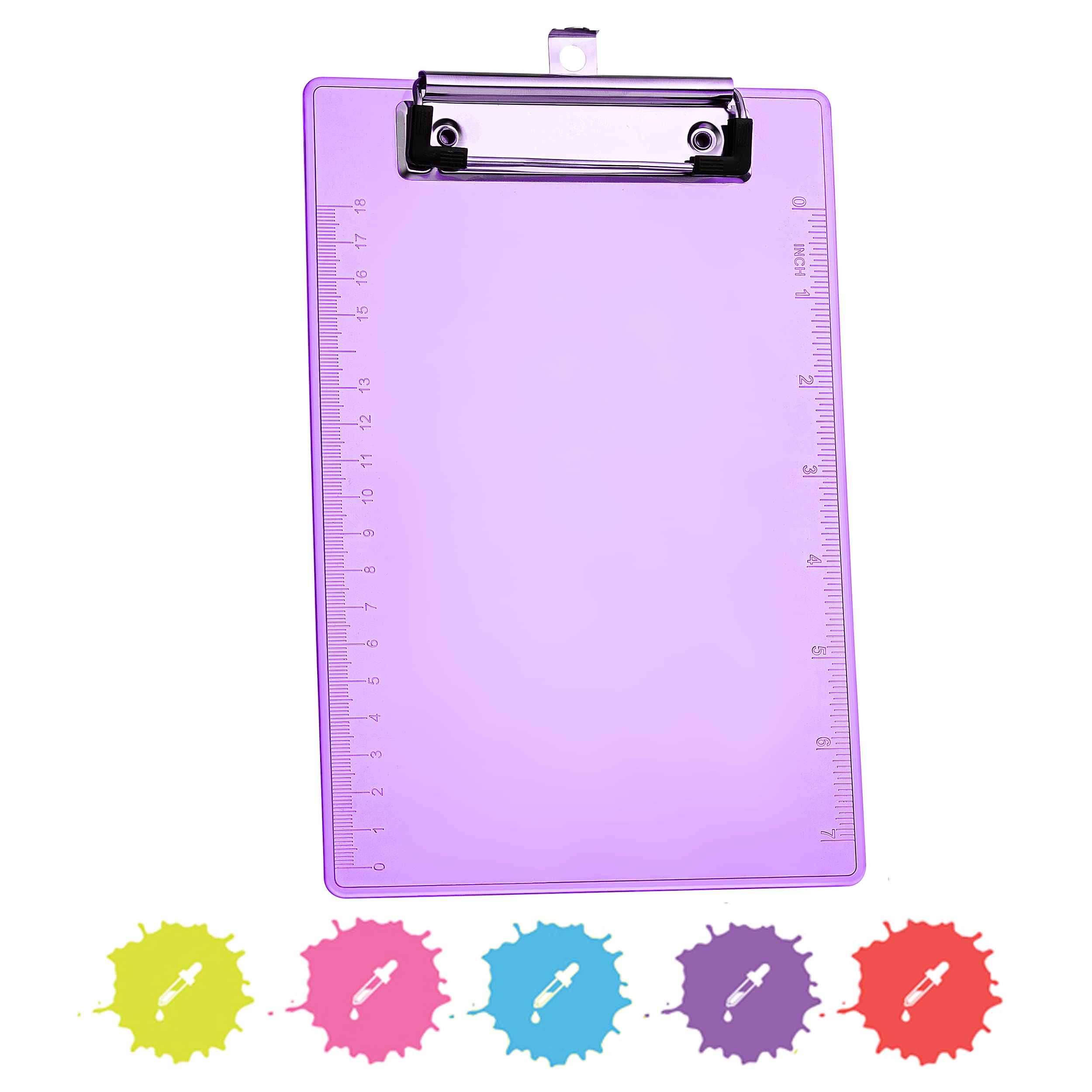 Purple translucent clipboard with built-in rulers and metal clip, shown with color swatches below.
