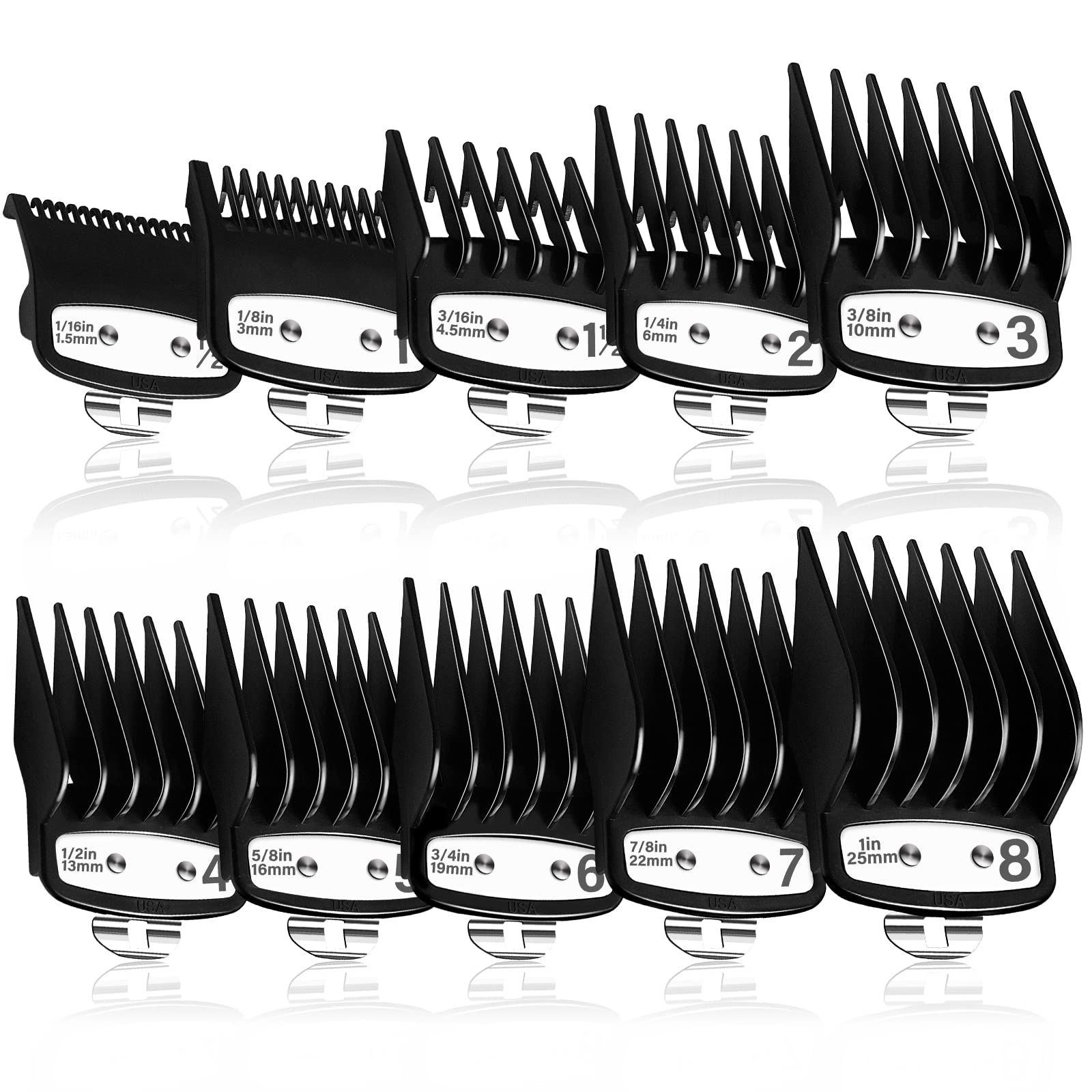 Set of 10 black hair clipper guard combs labeled 1/16in to 1in (1.5mm-25mm), arranged in two rows on white reflective background.