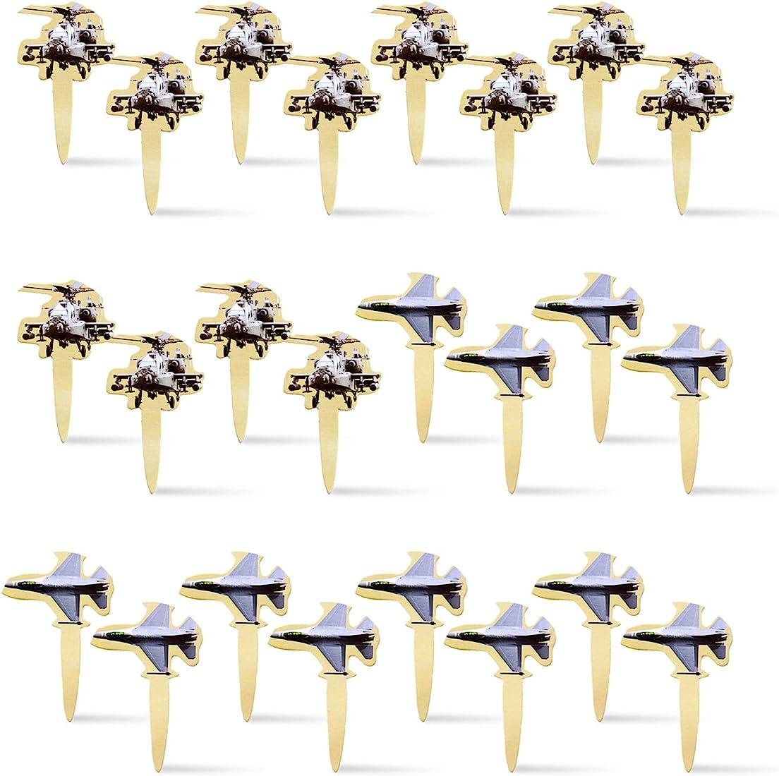 Military-themed cupcake toppers featuring Apache helicopters and F-16 fighter jets on wooden sticks.