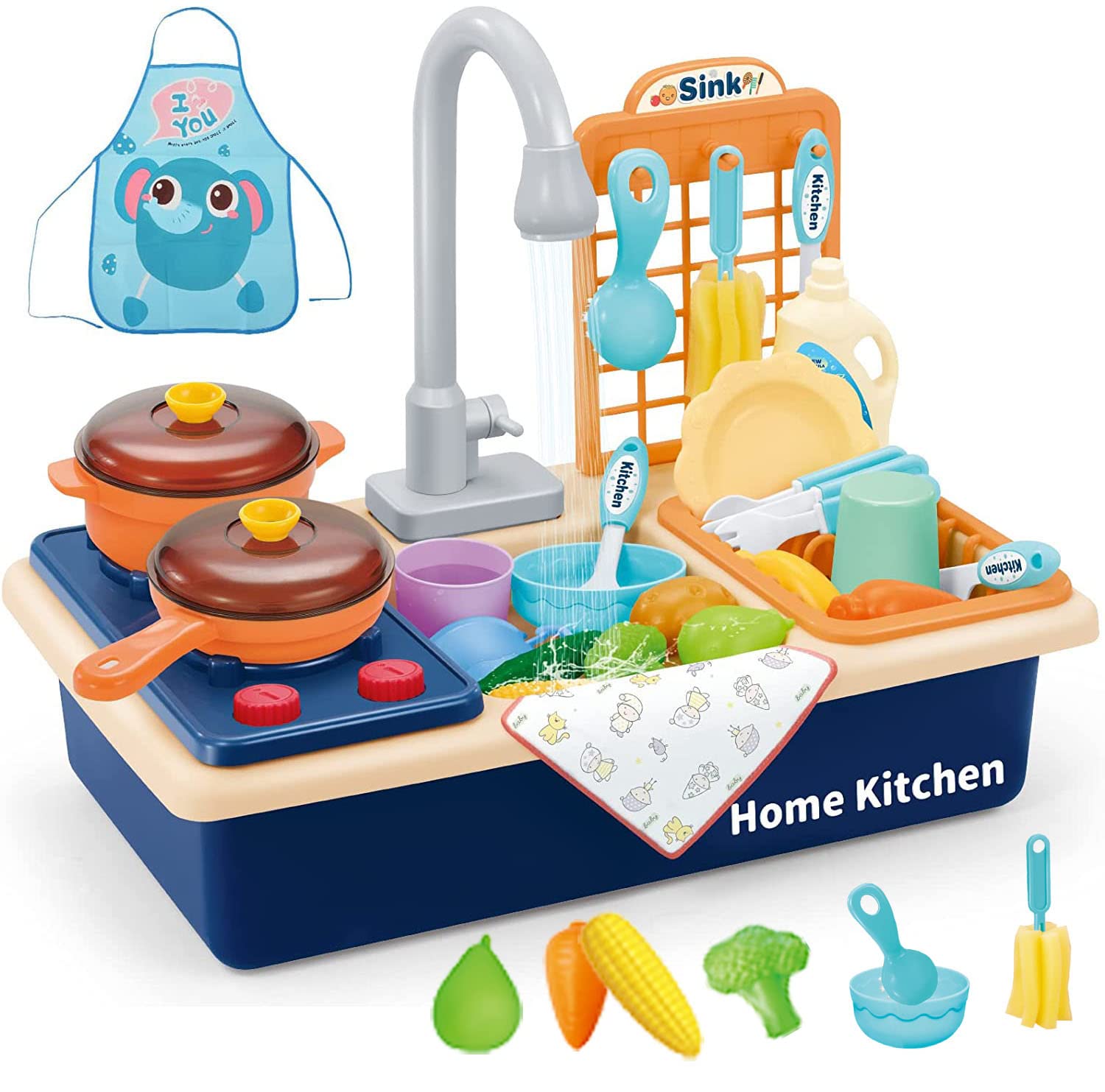 Colorful kids' toy kitchen set with sink, stove, pots, utensils, apron, and pretend food items for imaginative play.