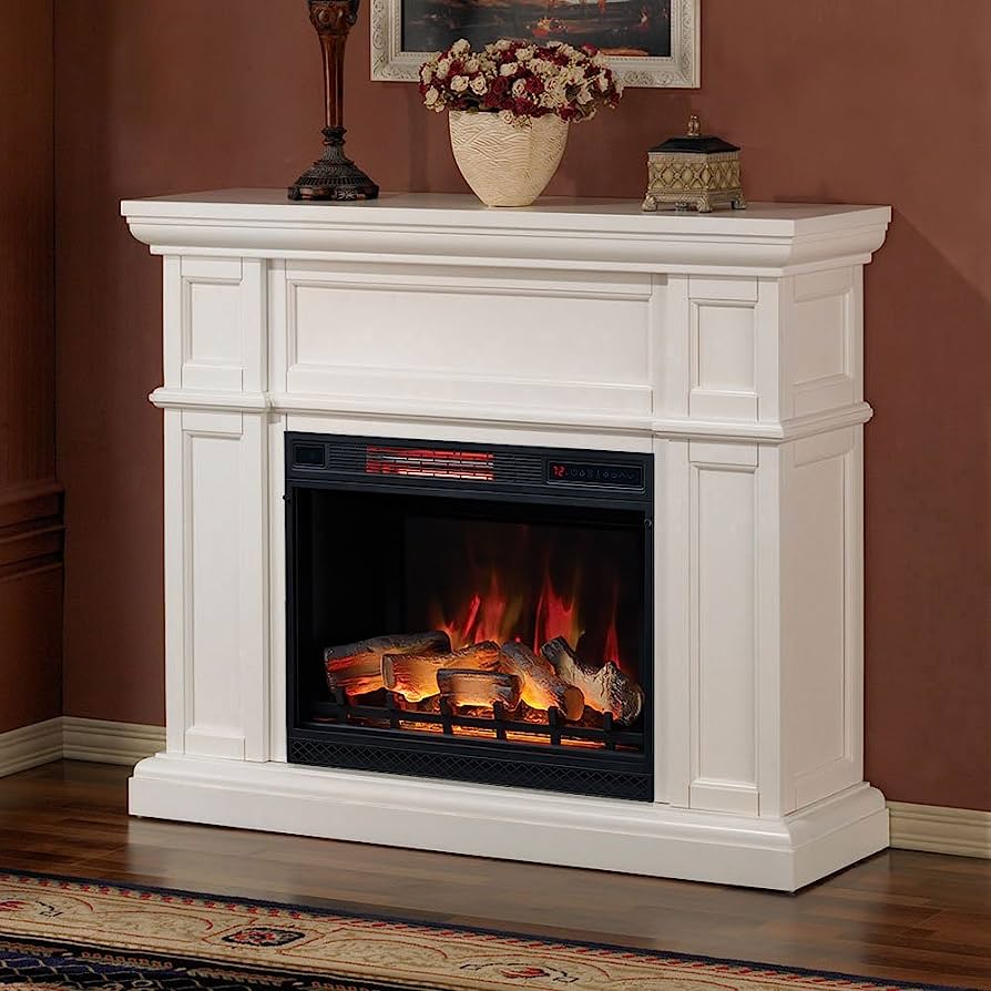 Elegant White Electric Fireplace with Mantel - Realistic Flame & Classic Design