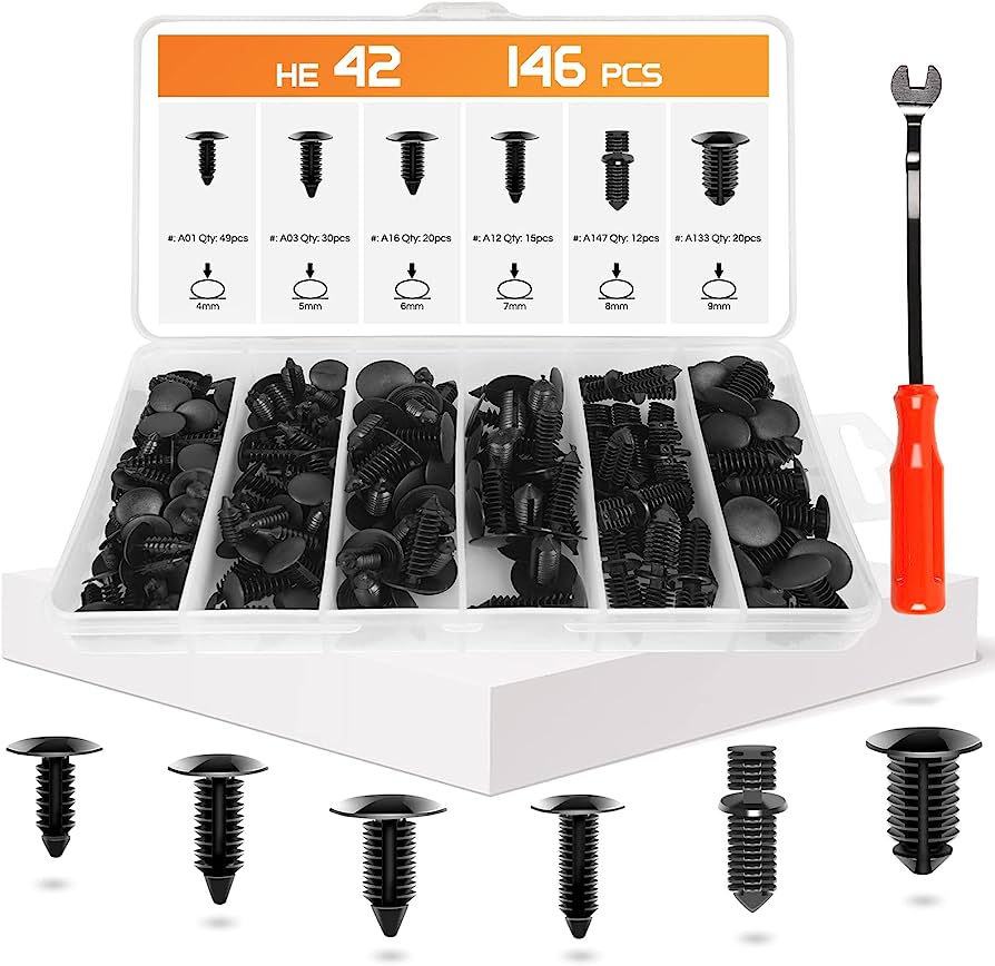 Black plastic push rivet fasteners kit with 146 pieces in 6 sizes (4-9mm), includes installation tool.