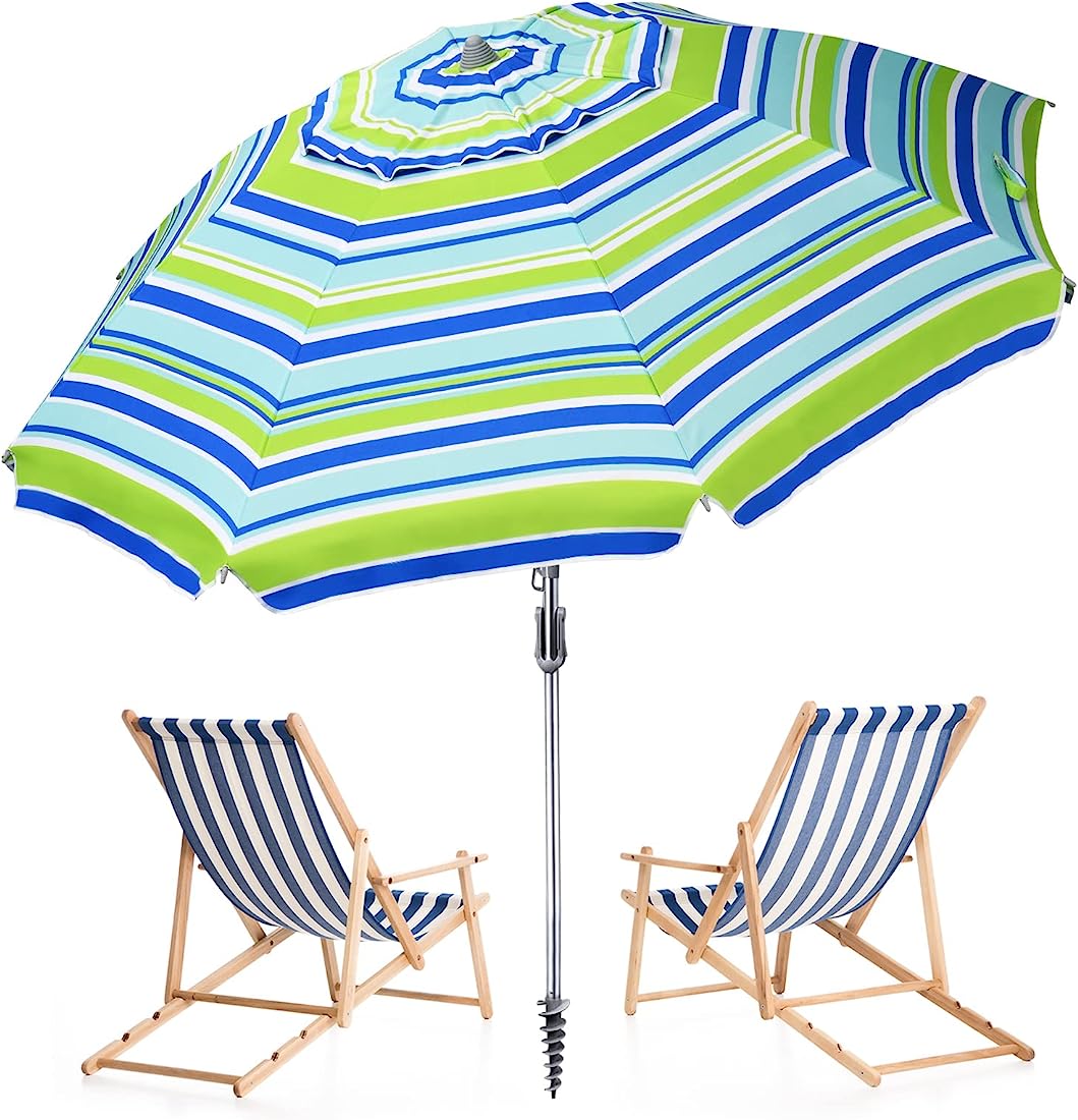 Striped beach umbrella with two matching wooden deck chairs on white background.