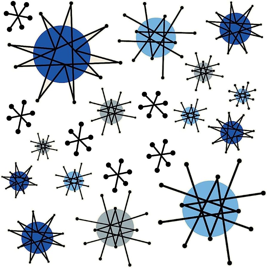 Abstract geometric pattern with blue circles and black starburst lines on white background.