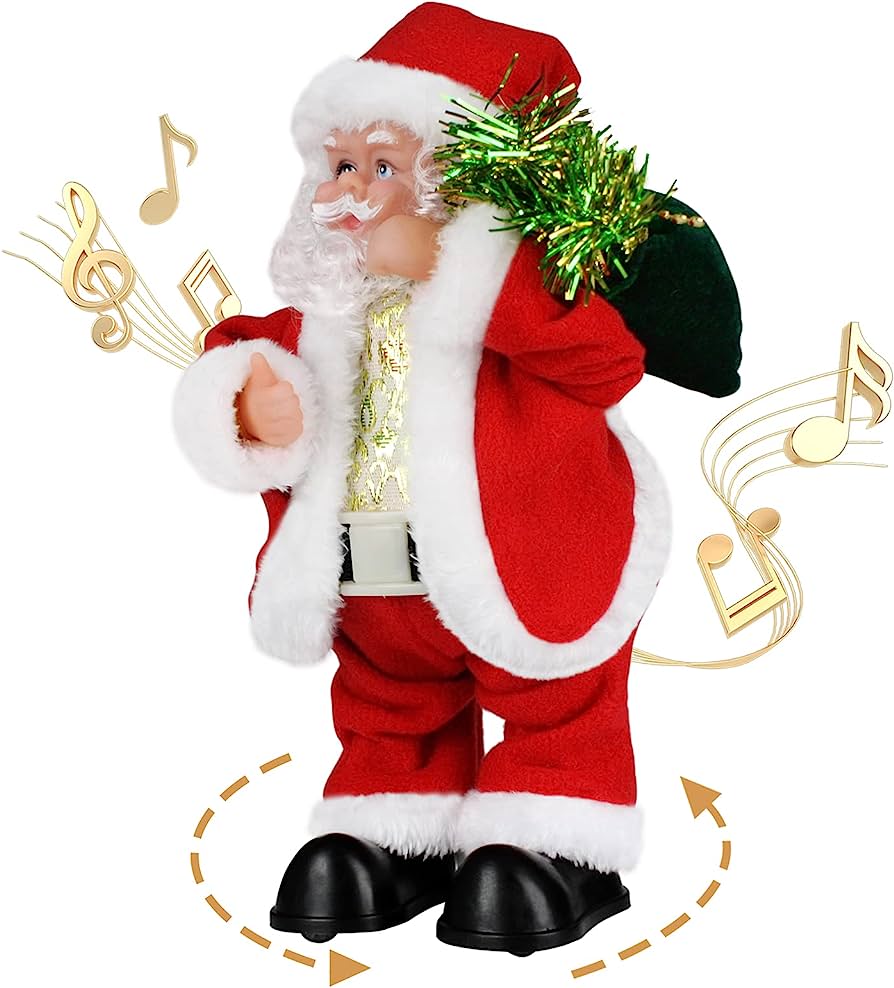 Animated singing and dancing Santa Claus figurine with musical notes and gift bag, festive holiday decoration.
