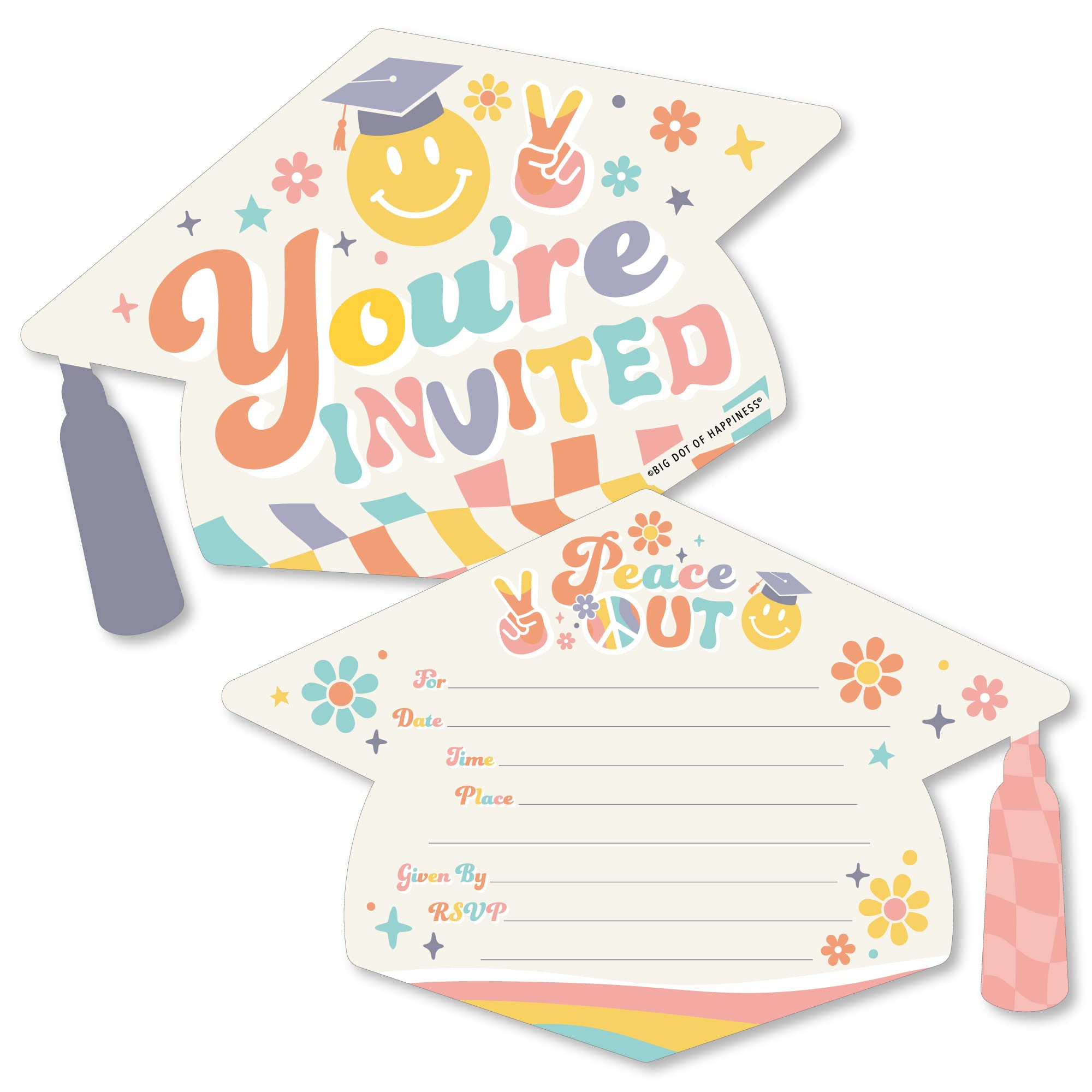 Colorful graduation cap-shaped invitation cards with "You're Invited" and "Peace Out" designs, featuring smiley faces, flowers, and peace signs.